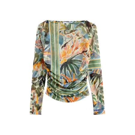 Green Floral Print Long Sleeve Ruched Side Mesh