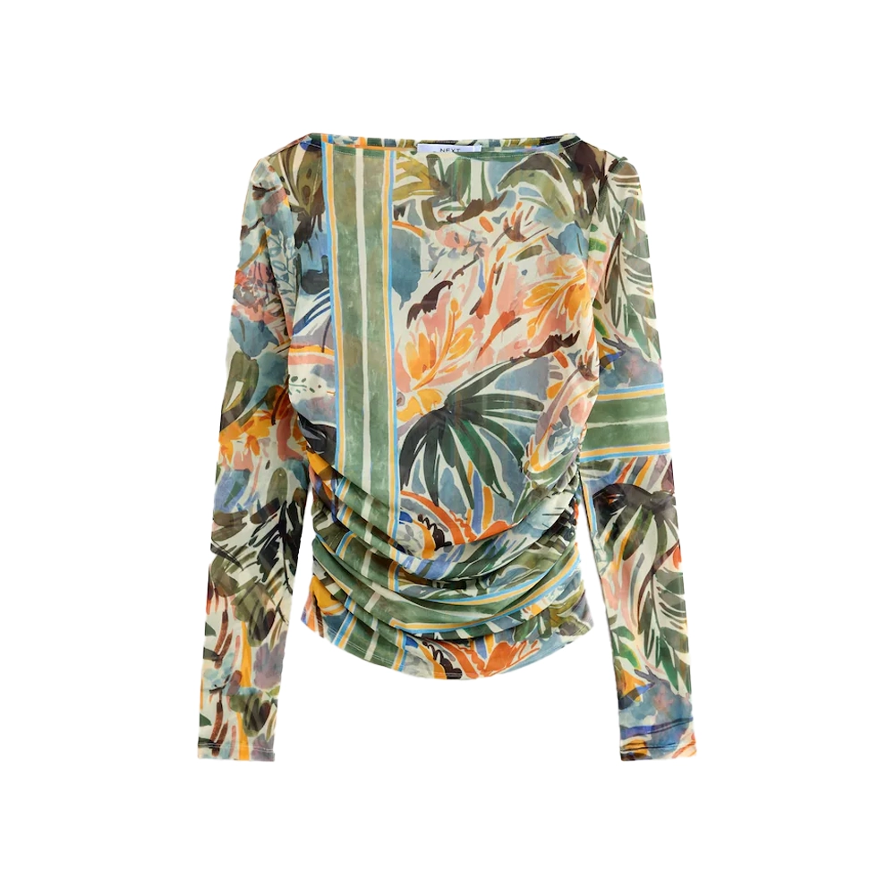 Green Floral Print Long Sleeve Ruched Side Mesh